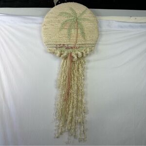 Vintage Beach Wall Art Pastel Cream Pink Green Palm Tree Fabric Woven Round 80s